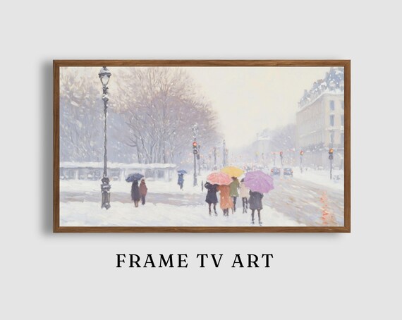 Colorful Umbrellas Crossing a Snowy Winter Boulevard in Impressionist Style Poster
