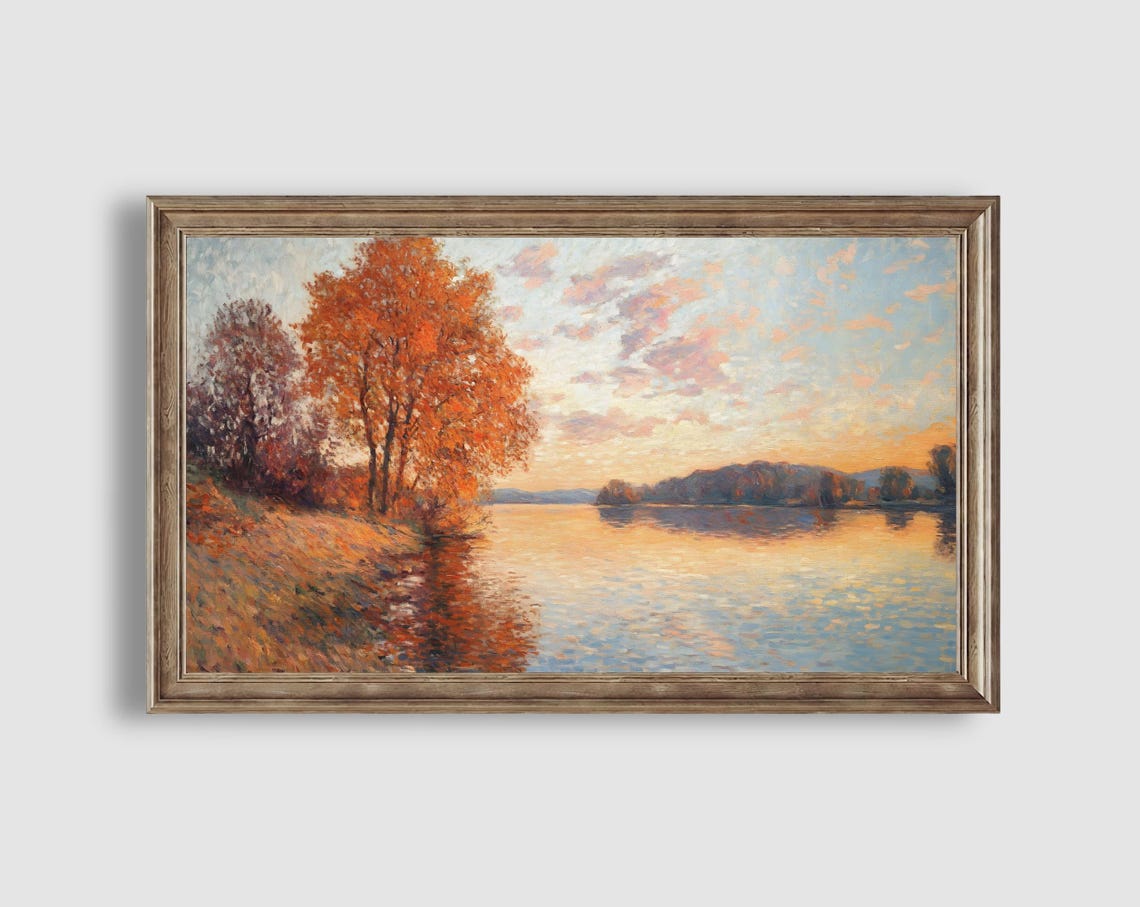 Impressionist Autumn Lake Sunset Shore Orange Trees Landscape Poster - Image 2