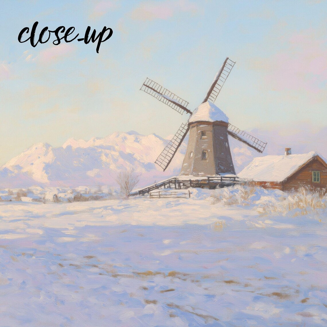 Snowy Windmill with Snow Capped Mountains Glowing in Winter Light Painting Poster - Image 4