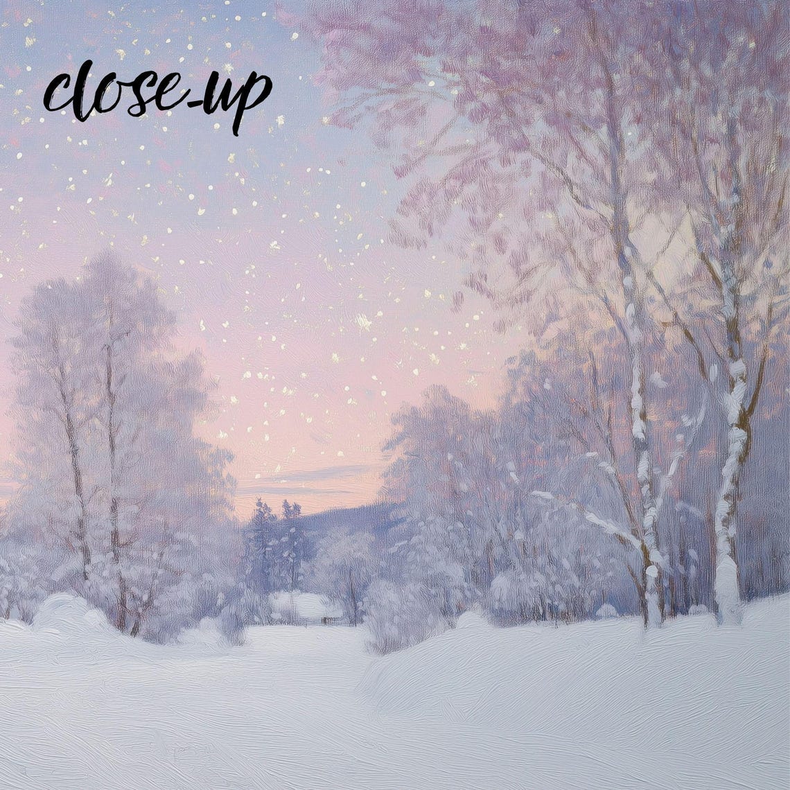 Snowy Forest Cabin Under Starry Pink Sky Winter Woodland Poster - Image 3