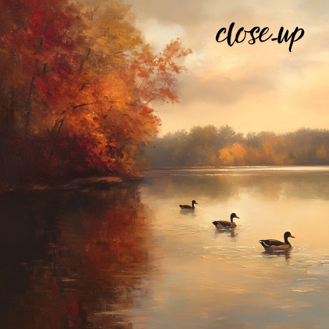 Four Mallard Ducks on Calm Autumn Lake Sunset Reflection Water Art Poster - Image 4