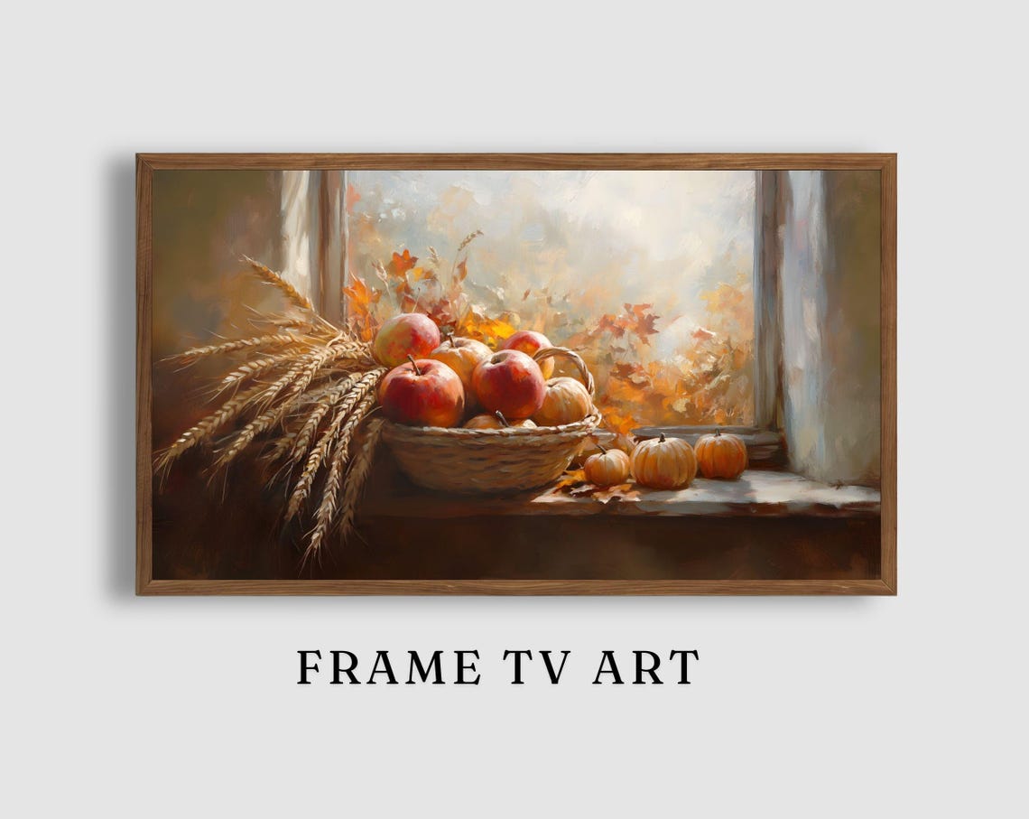 Harvest Basket Apples Wheat Pumpkins Autumn Still Life Print