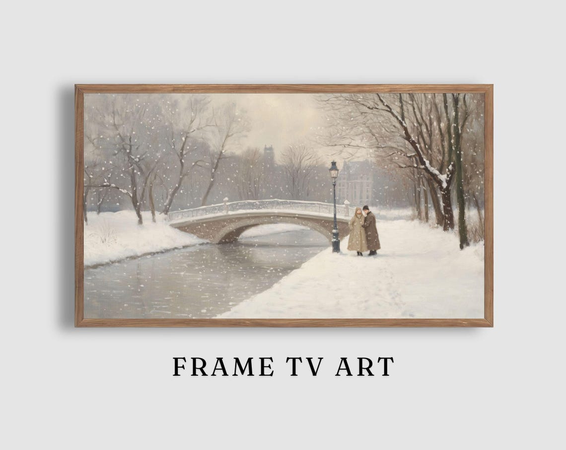 Romantic Couple Snowy Stone Bridge Winter Park Evening Poster