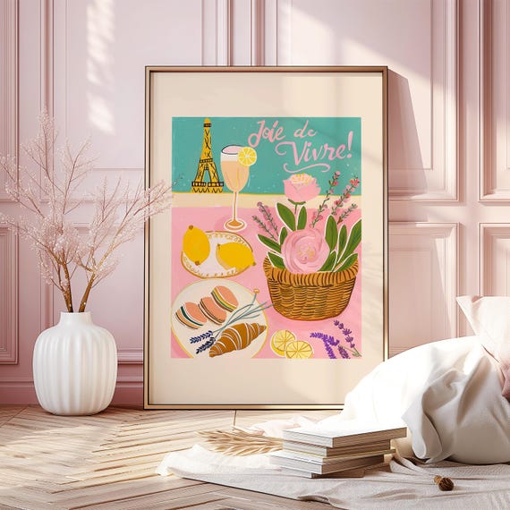 Retro Joie De Vivre Paris France French Saying Wall Art Print Hand Drawn Eiffel Tower Painting Coffee Croissant