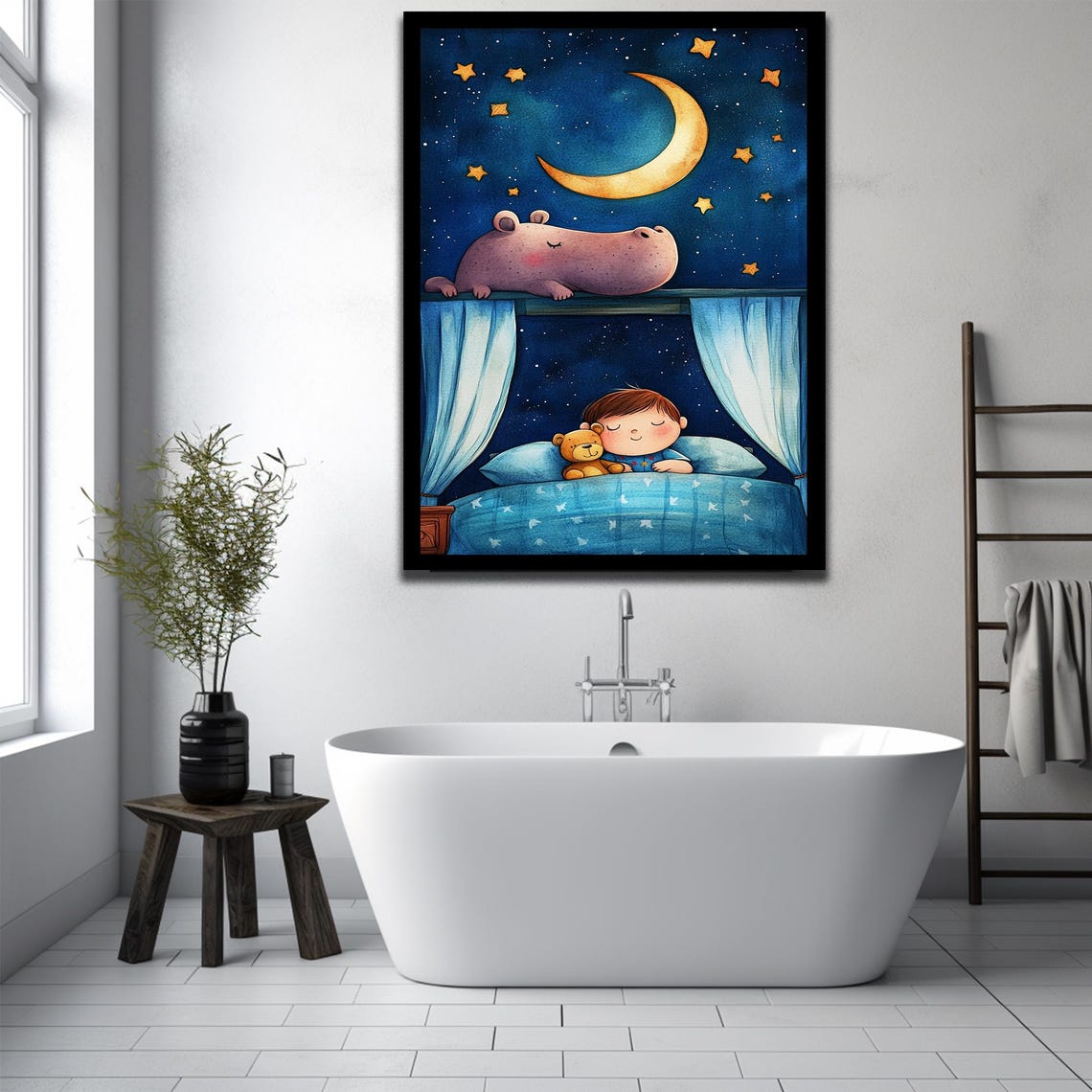 Sleeping Baby Under Moonlit Sky with Teddy Bear Nursery Poster - Image 3