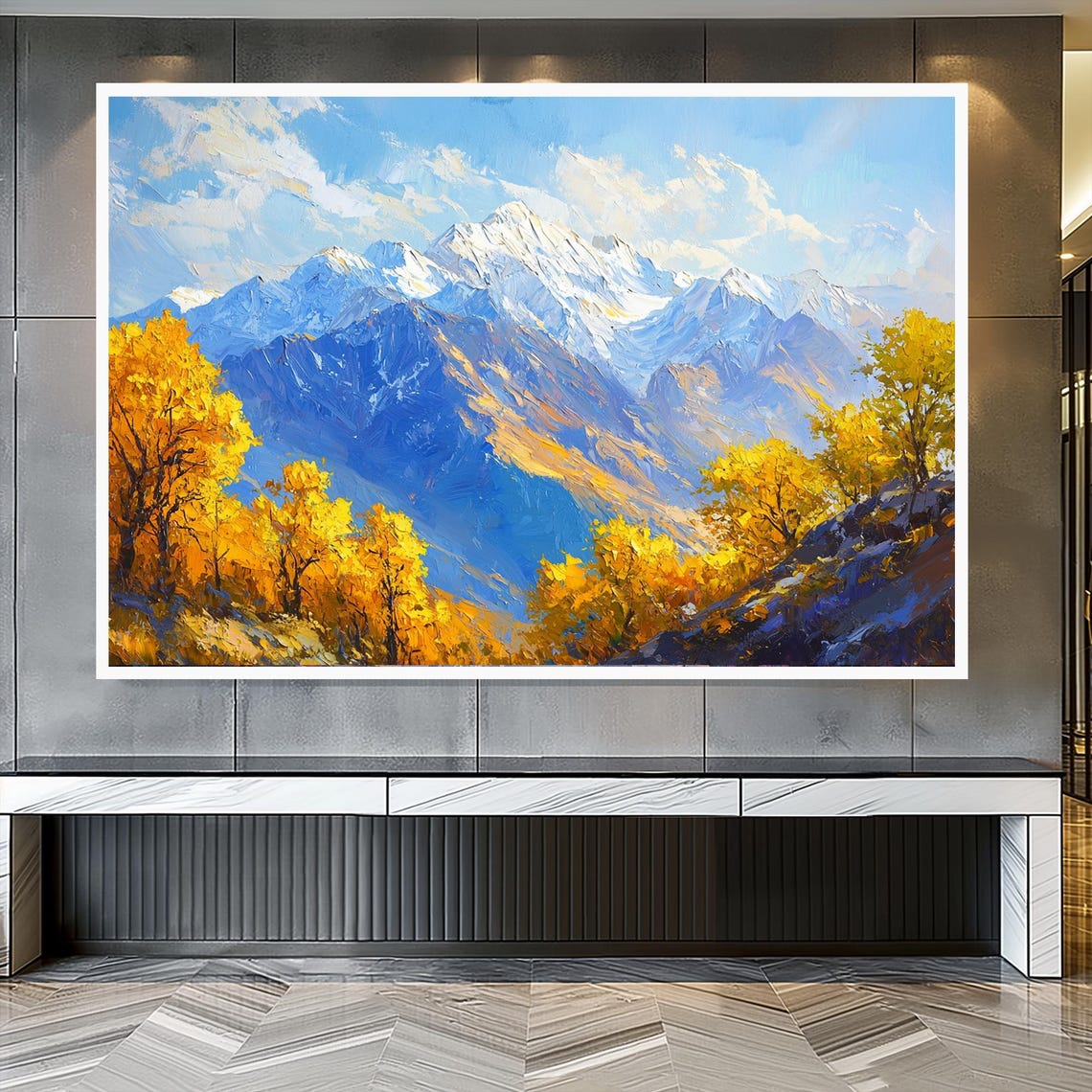 Snowy Peaks Golden Autumn Trees Impasto Blue Sky Mountain View Poster - Image 3