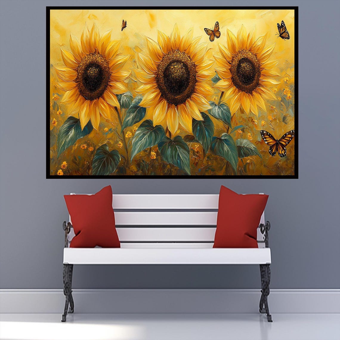 Golden Sunflower Trio Monarch Butterflies Summer Botanical Poster - Image 2