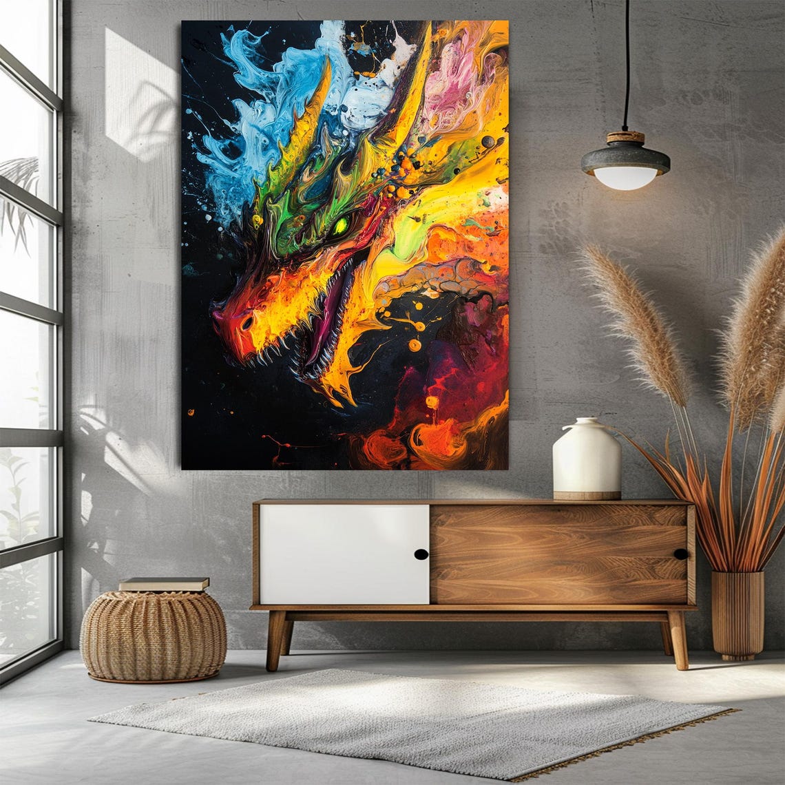Fiery Abstract Dragon Head Blue Orange Paint Swirl Dark Artwork Poster - Image 2