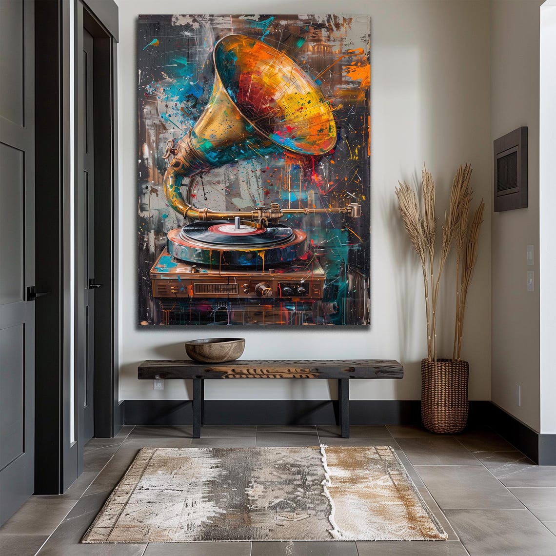 Vintage Gramophone Abstract Graffiti Style Music Artwork Wall Art - Image 3