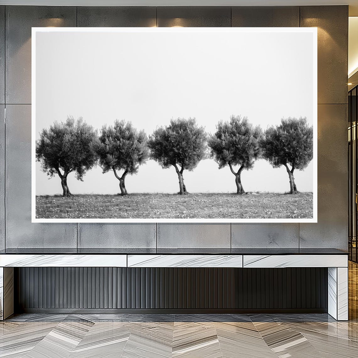 Black and White Five Olive Trees Minimalist Nature Calm Poster - Image 2