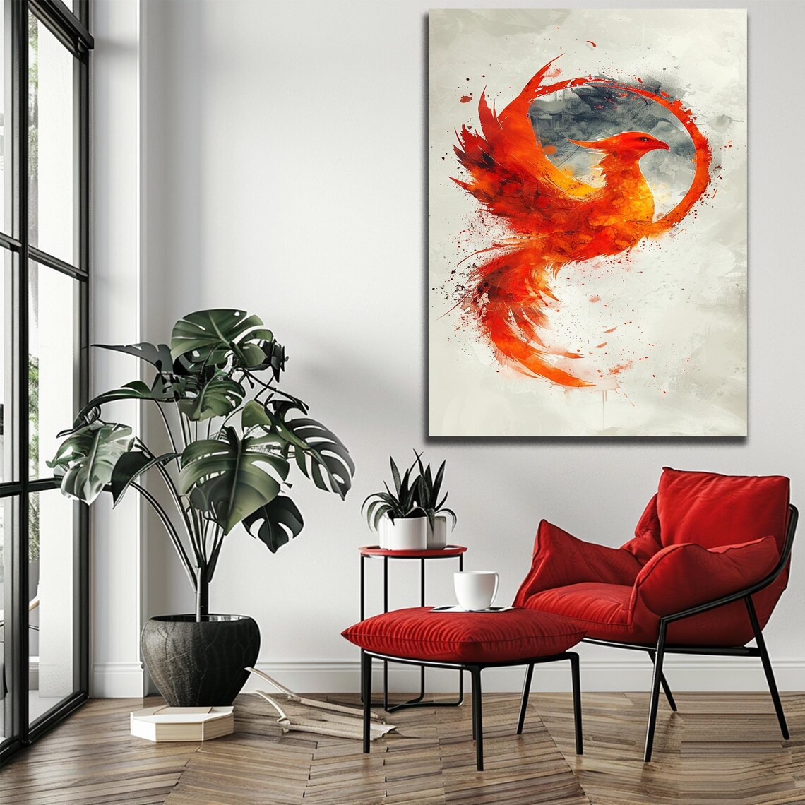 Fiery Red Phoenix Watercolor Circle Mythology Bird Art Poster - Image 2