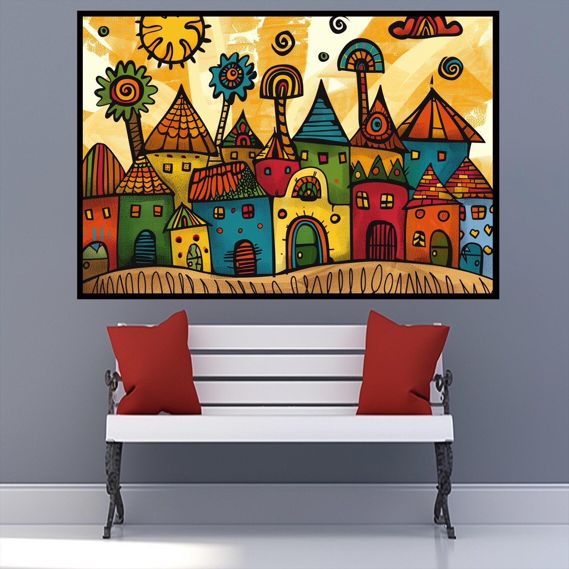 Whimsical Folk Art Village Colorful Houses Naive Style Poster - Image 2