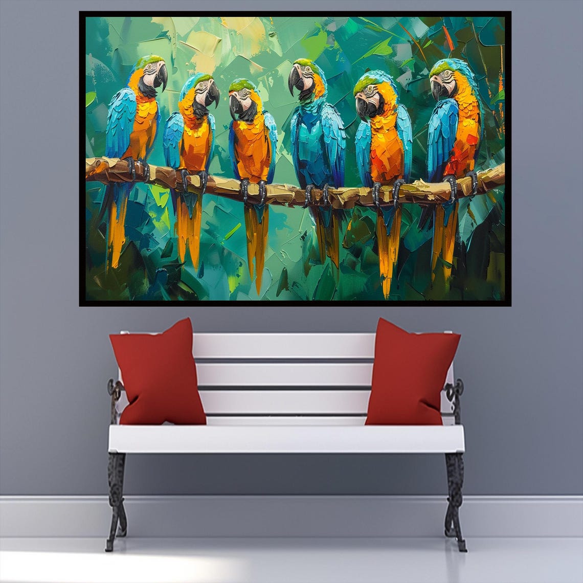 Six Colorful Macaw Parrots on Branch Tropical Bird Jungle Wall Art - Image 3