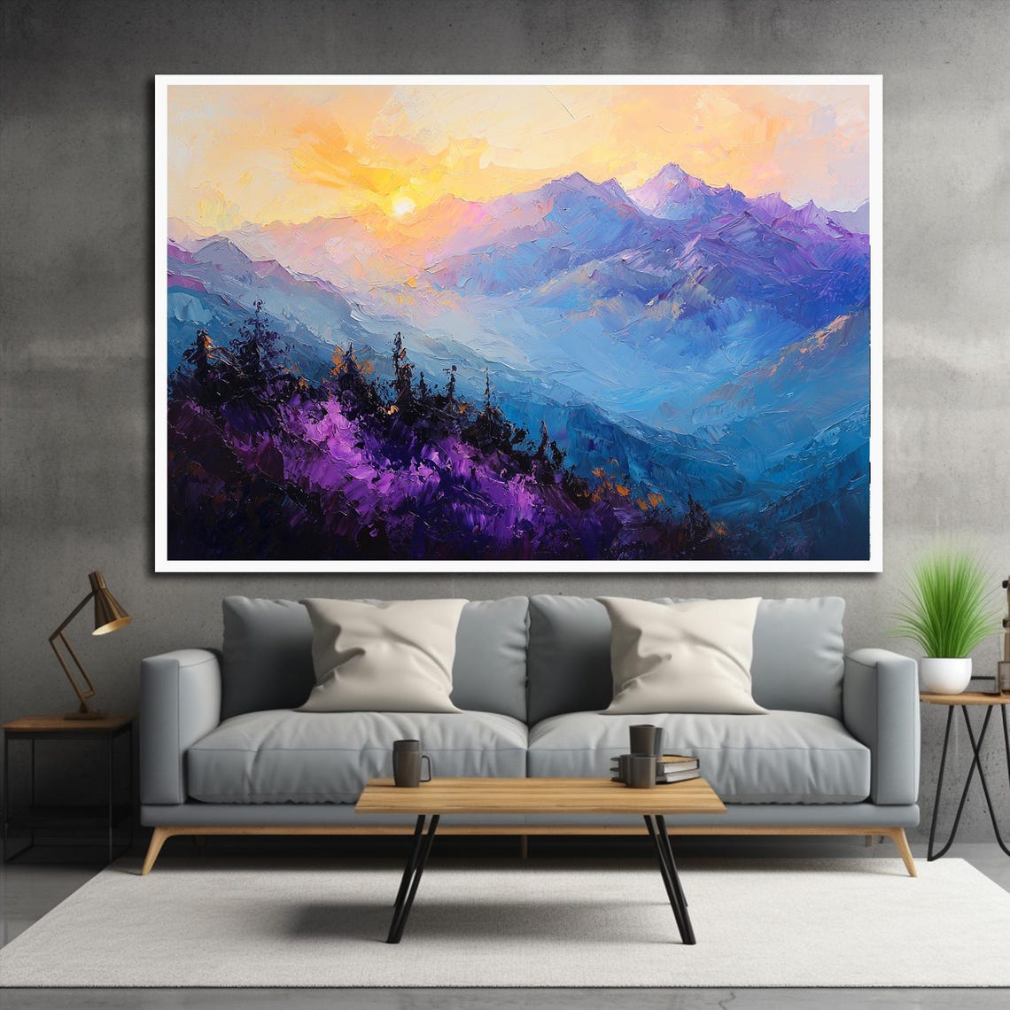 Blue Purple Mountain Sunrise Impasto Landscape Scenic Nature Print - Image 2