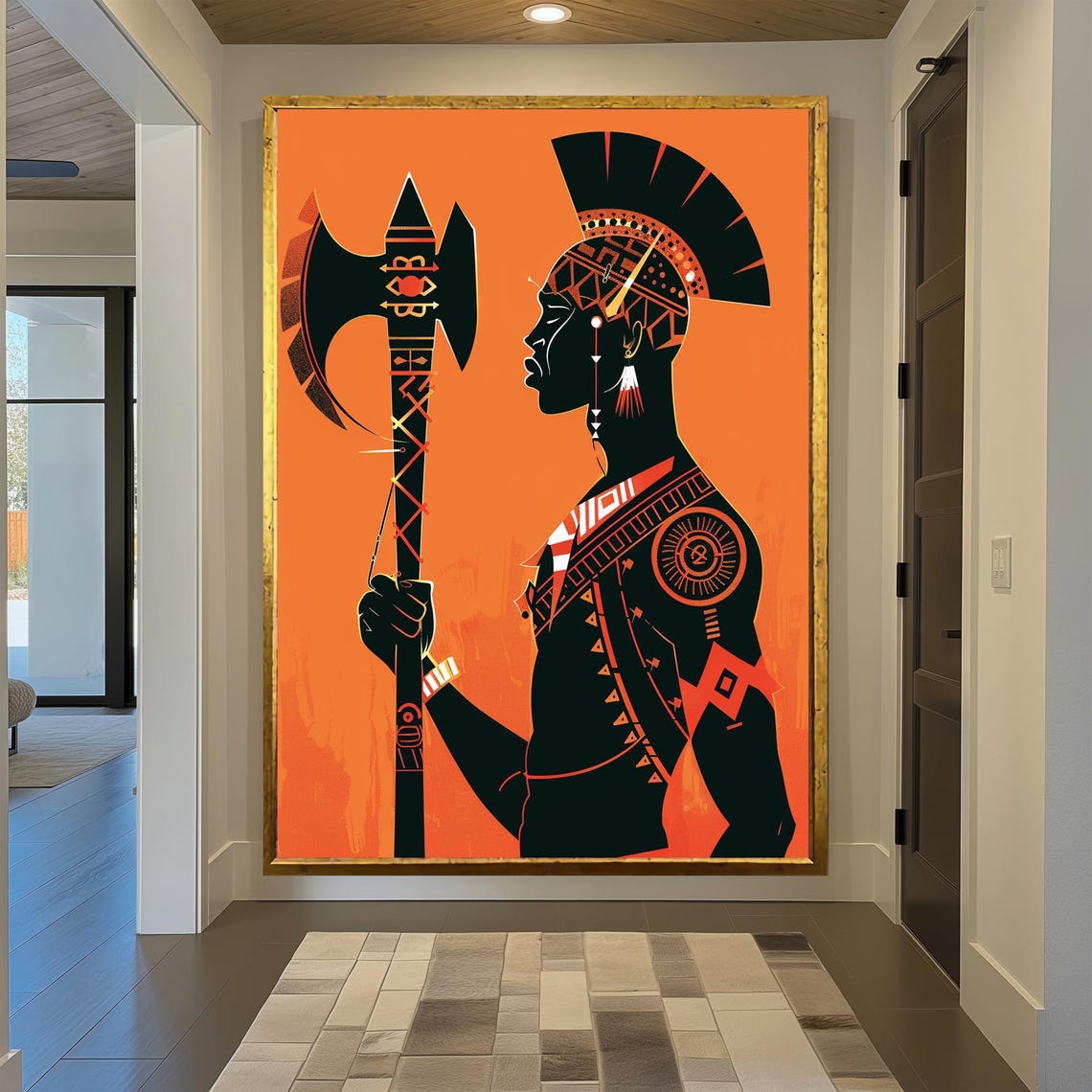 Stylized African Warrior Wall Art with Headdress and Axe on Orange - Image 2