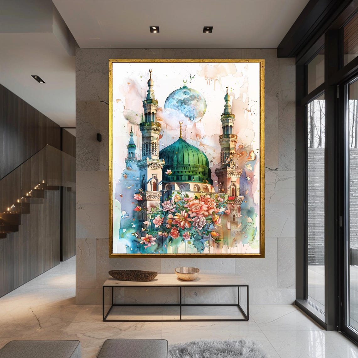 Islamic Mosque Green Dome Watercolor with Moon and Roses Art Print - Image 3