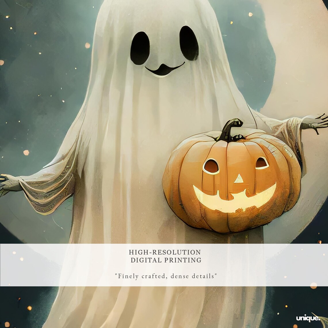 Cute Little Ghost with Jack O Lantern under Halloween Moon Poster - Image 2