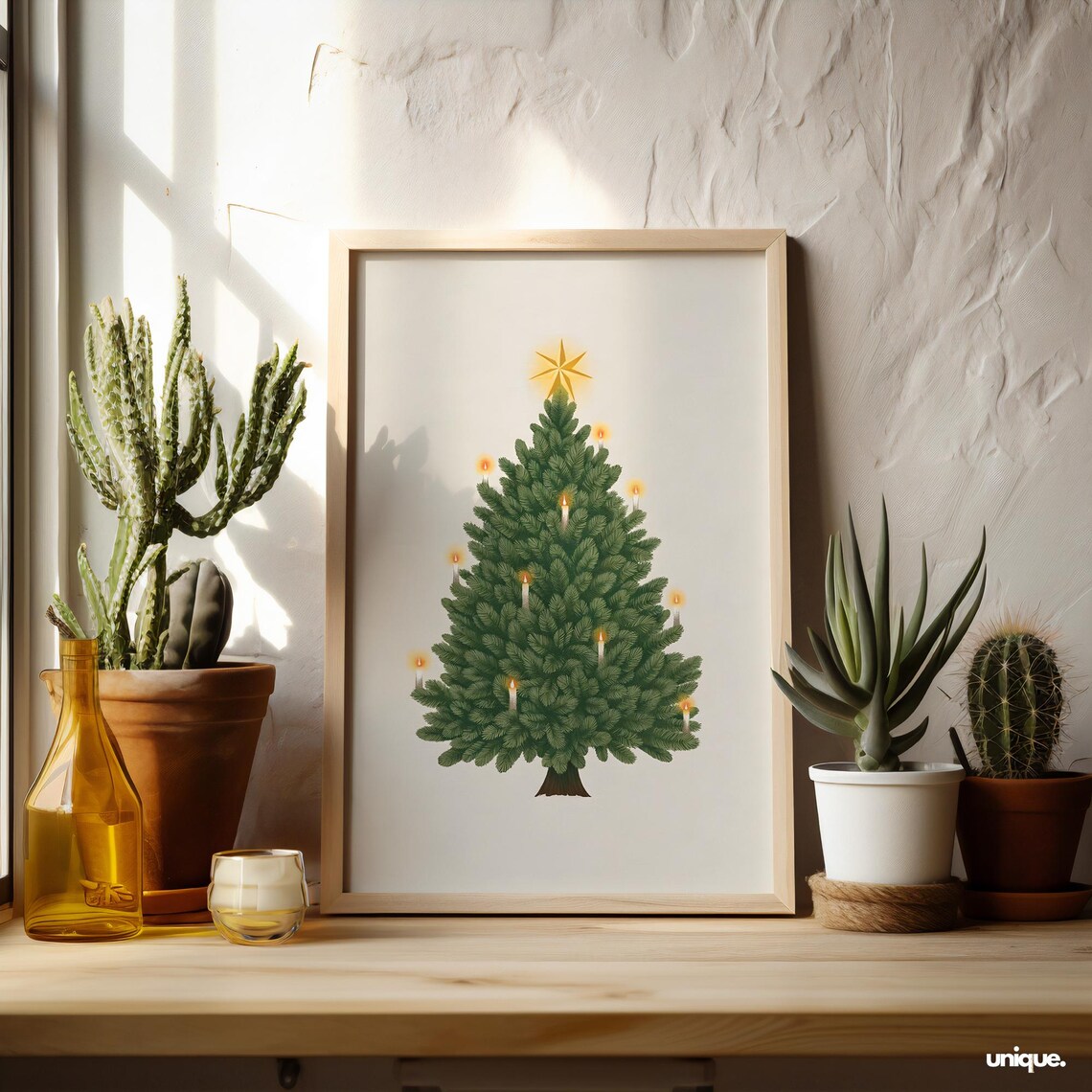 Illustrated Christmas Tree Lit Candles Gold Star Holiday Art Poster
