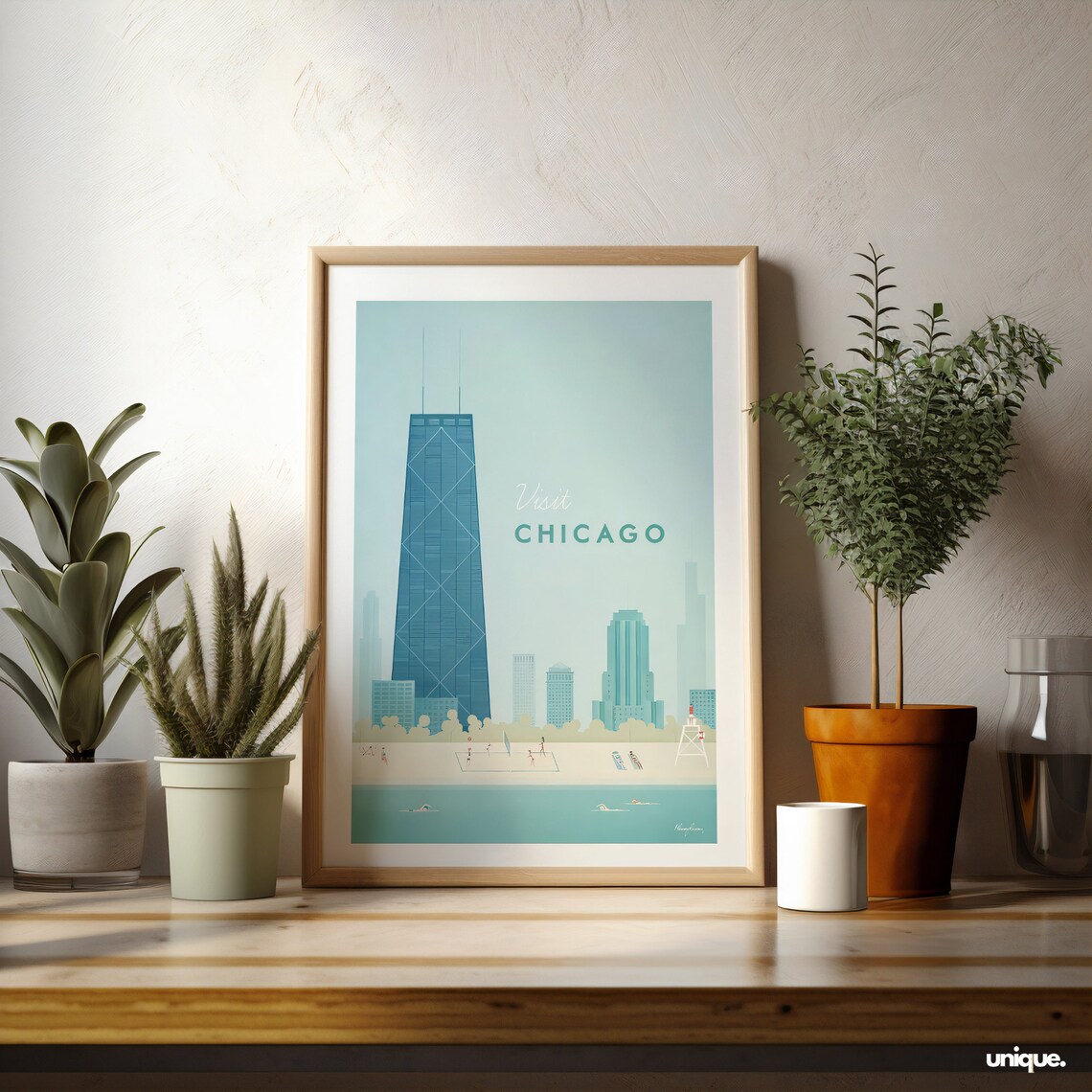 Vintage Visit Chicago Travel Poster with Skyline and Beach Scene - Image 2