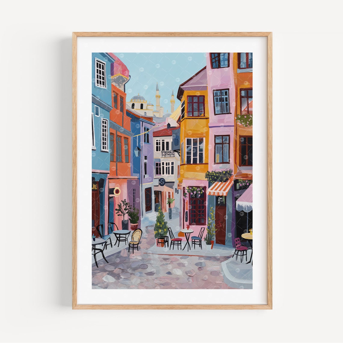 Istanbul Galata Colorful Street Cafes Mosque View Watercolor Poster