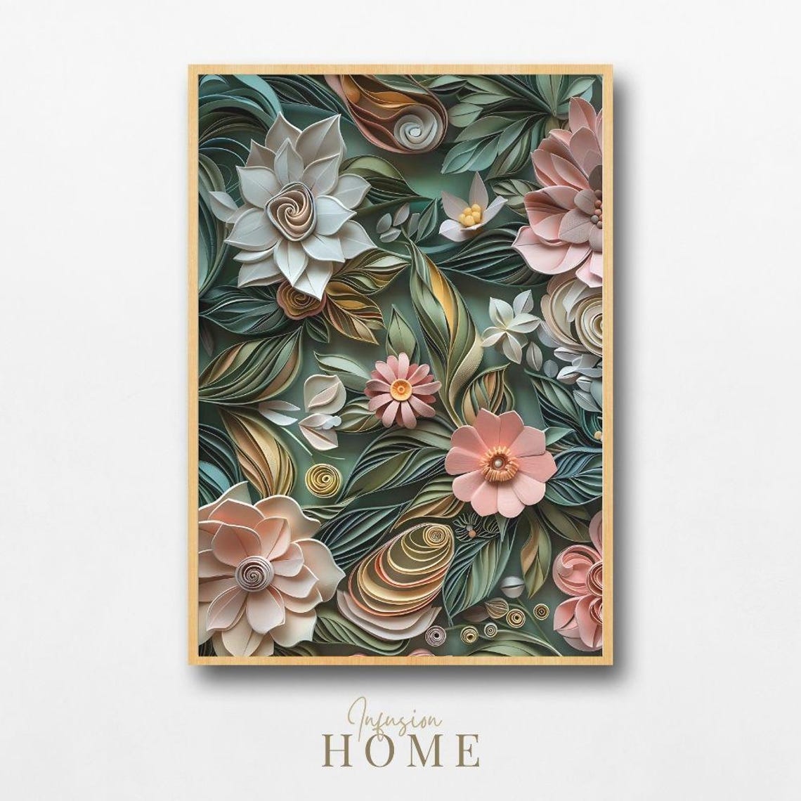 Soft Green Paper Quilling Floral Art Print with Pastel Garden Design