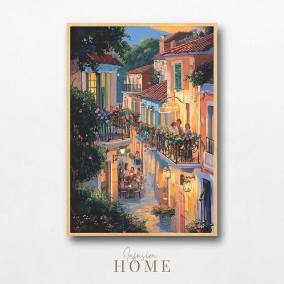 European Cafe Alley Twilight Balconies Friends Dining Poster