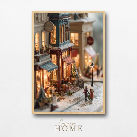 Whimsical Winter Bakery Street Miniature Snow Scene Christmas Poster