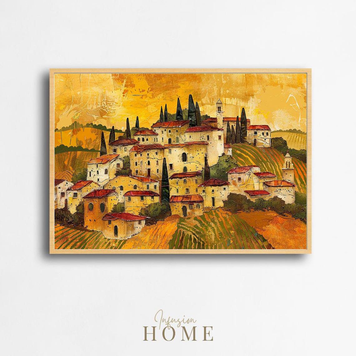 Tuscany Golden Village Hilltop Church Tower Painting Style Poster