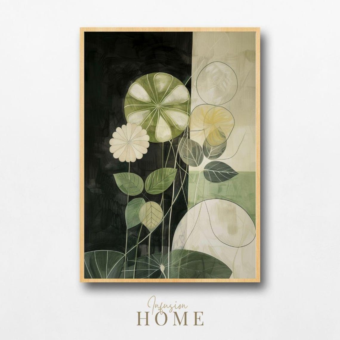 Abstract Nordic Botanical Leaves Green Beige Geometric Art Print