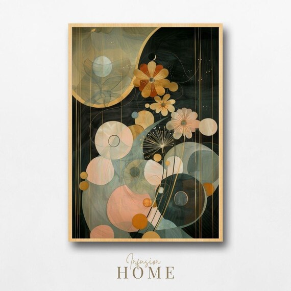 Golden Nordic Floral Print Abstract Green Blush Botanical Art