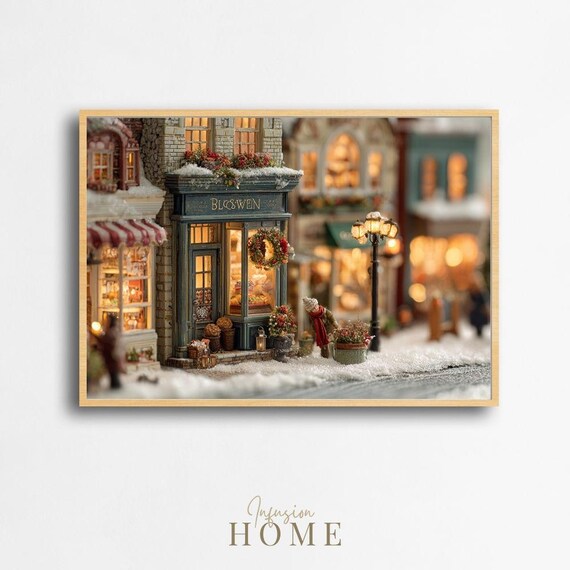 Miniature Christmas Blosswen Flower Shop Snowy Village Scene Poster