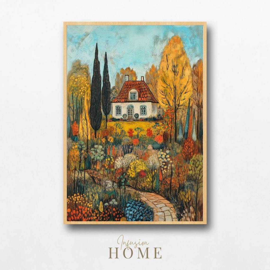Cozy Autumn Cottage Garden Fall Storybook Home Landscape Poster
