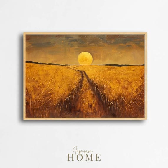 Golden Wheat Field Sunset Print Rustic Farmhouse Wall Art