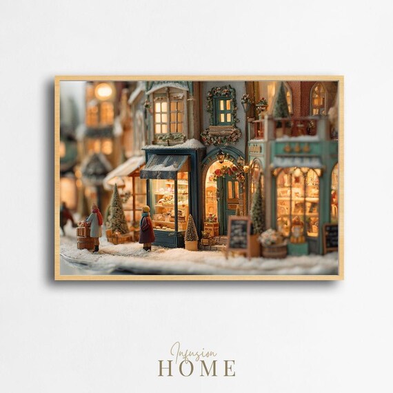 Glowing Miniature Snowy Winter Village Bakery Christmas Print