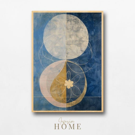 Abstract Floral Moon Art Print Modern Blue Beige Botanical