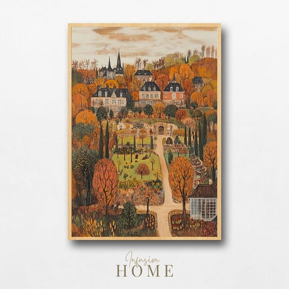 Vintage Autumn Estate Wall Art Whimsical Garden Illustration