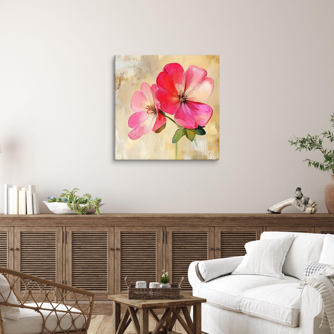 Pink Geranium Blossoms Cream Textured Background Painting Art Poster - Image 4
