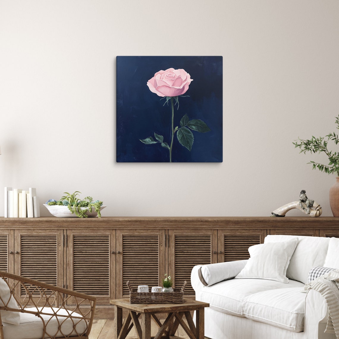 Pink Rose Navy Blue Background Dramatic Single Stem Art Poster - Image 5