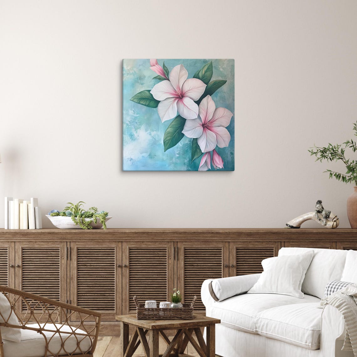 White Azalea Pink Center Teal Blue Background Tropical Floral Poster - Image 2