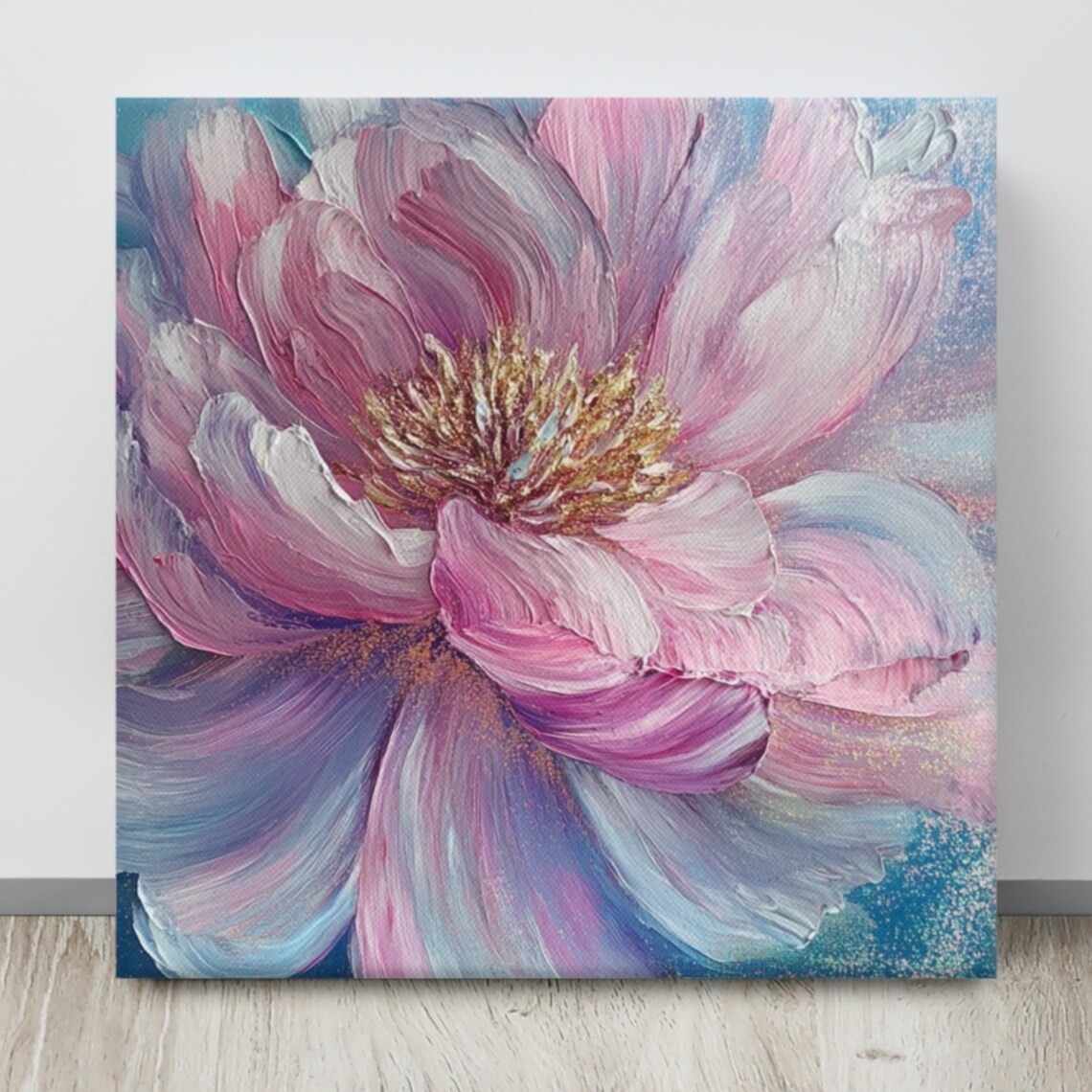 Pink and Blue Peony Impasto Close-Up Gold Center Floral Art Poster - Image 4