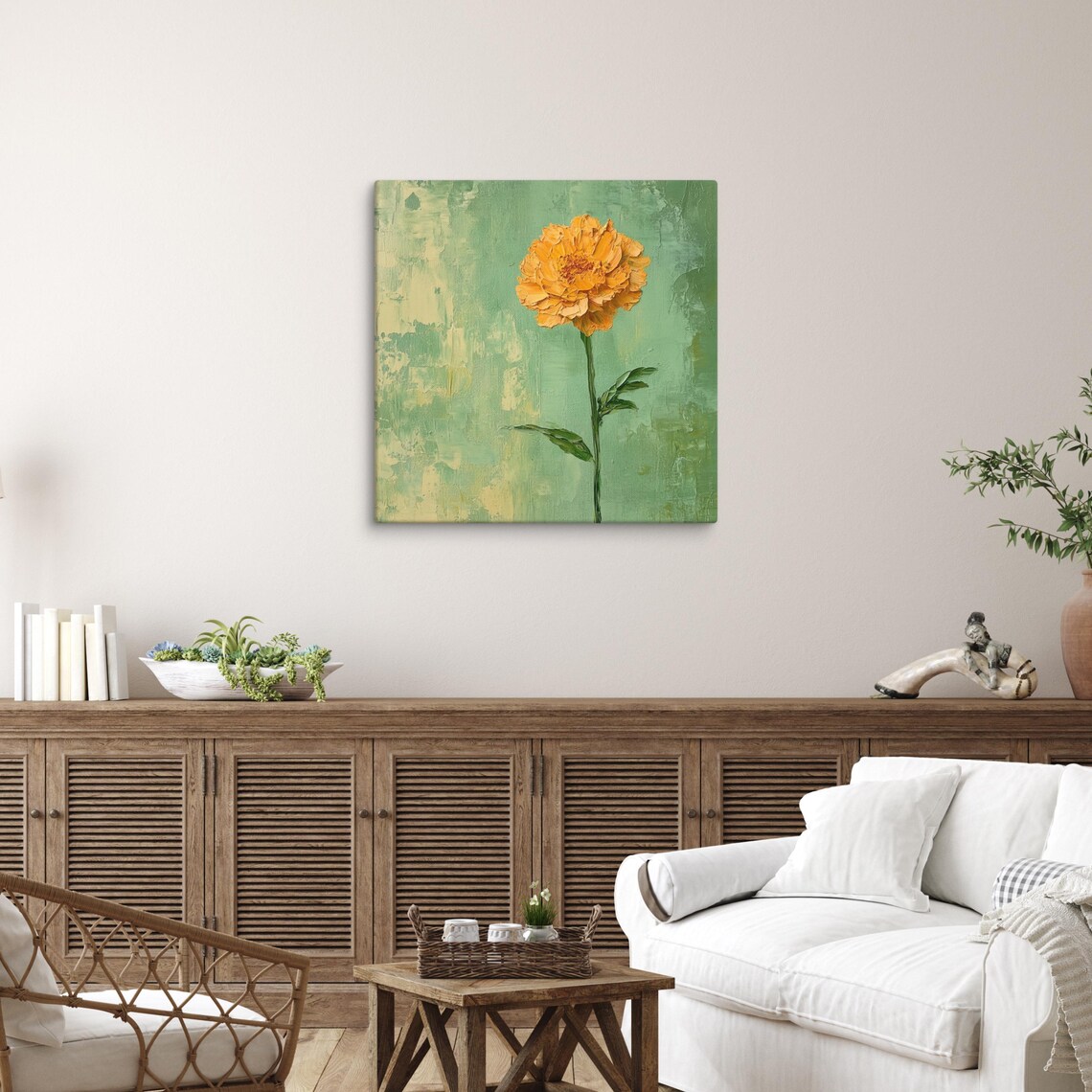 Golden Yellow Marigold Textured Green Background Floral Art Poster - Image 2
