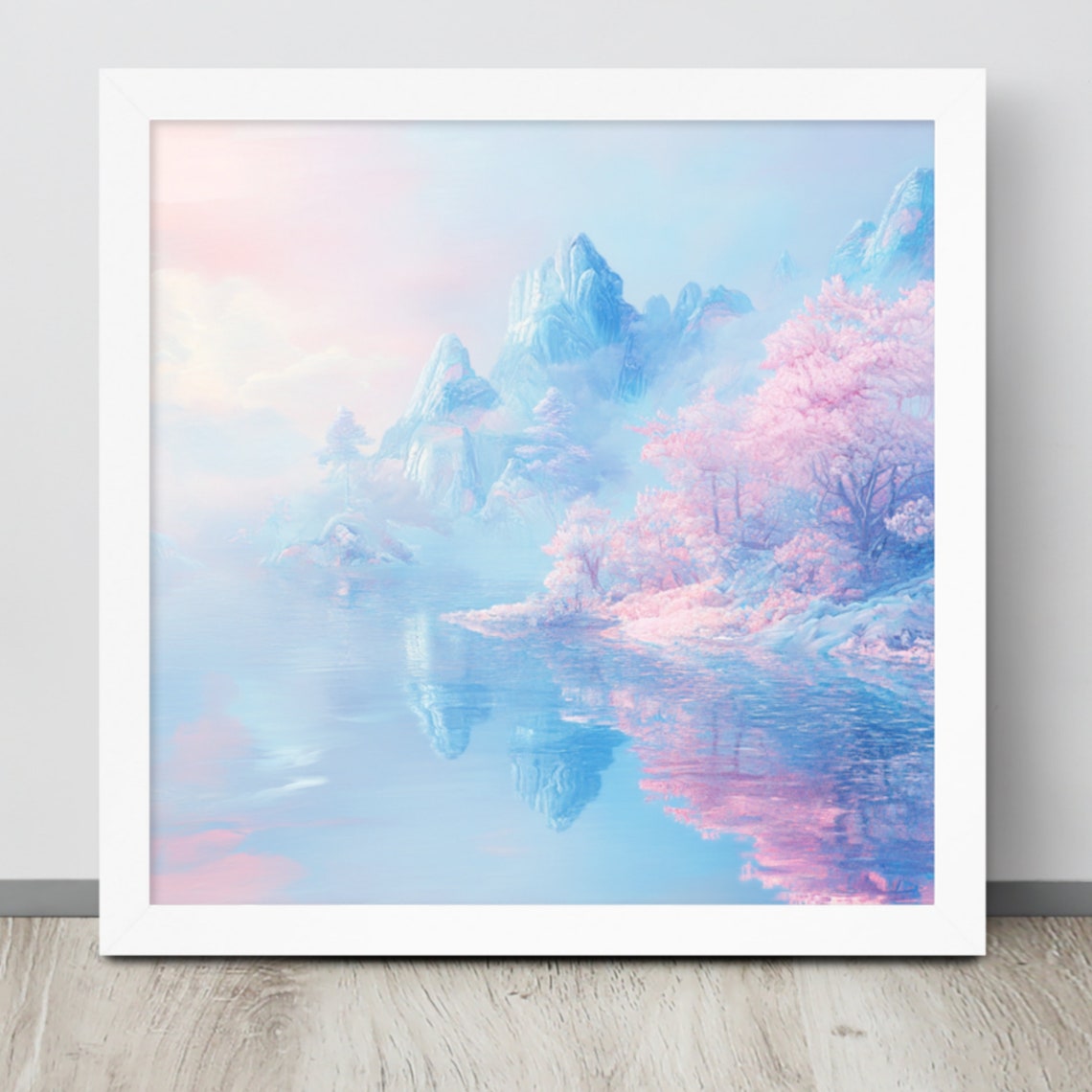 Pastel Blue Mountains Pink Cherry Blossom Lake Reflection Art Print