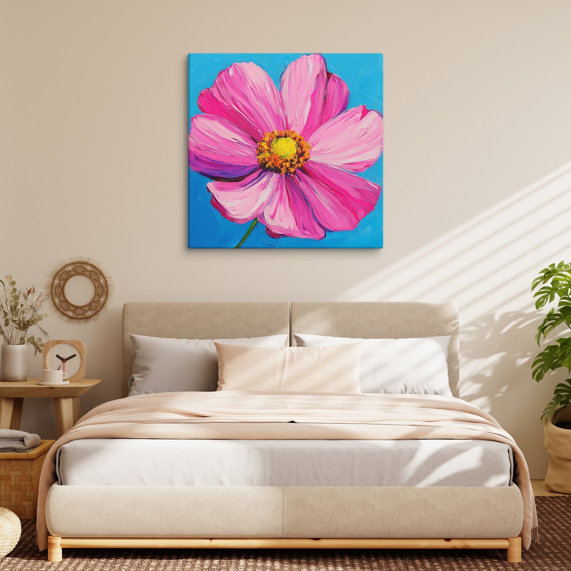 Bright Pink Cosmos Flower Blue Background Impasto Print Poster - Image 3