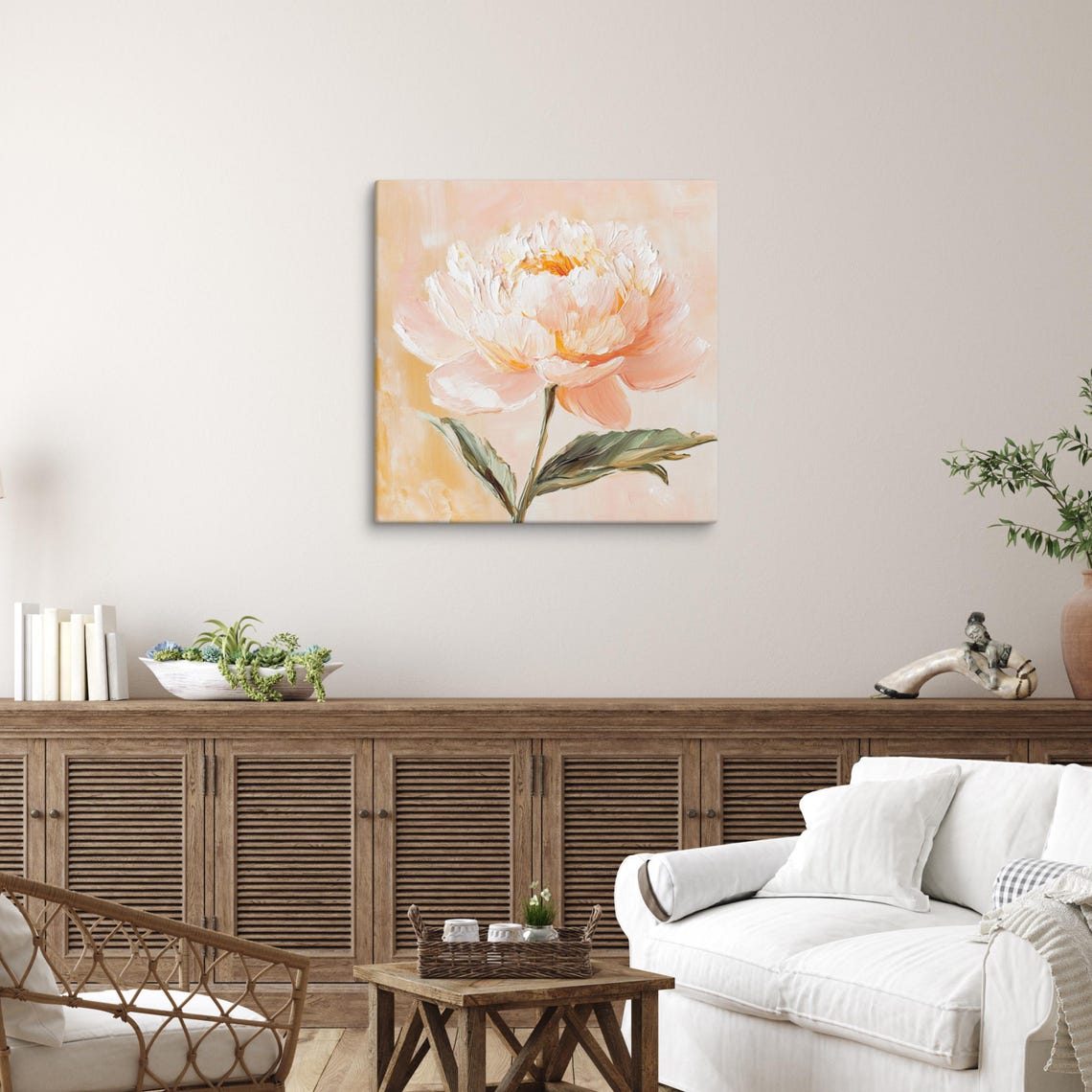 Peachy Pink Peony Impasto Bloom Warm Peach Background Art Poster - Image 3