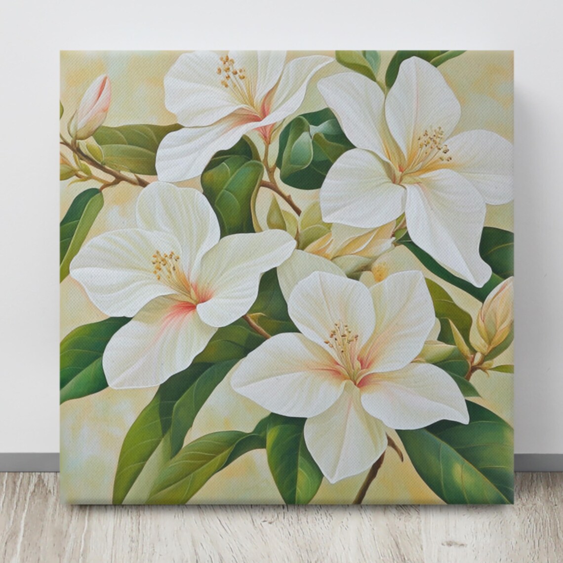 White Hibiscus Blossoms Green Leaves Cream Painting Art Poster - Image 4