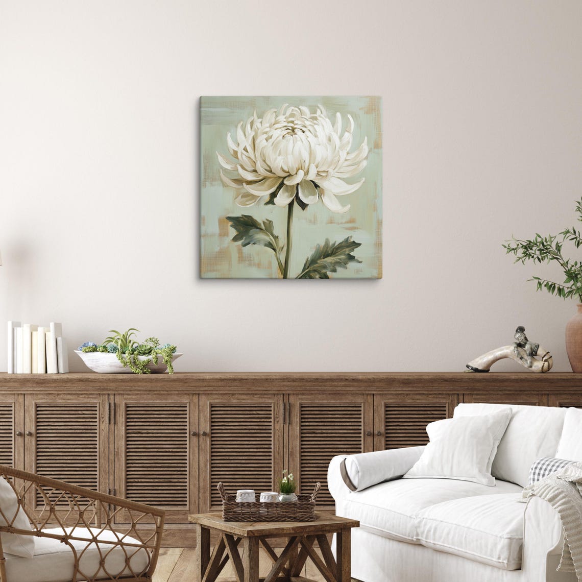 White Chrysanthemum Large Bloom Sage Green Botanical Flower Poster - Image 3