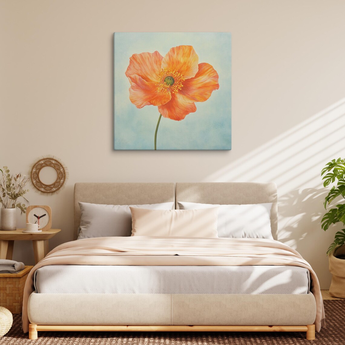 Orange Poppy Single Bright Bloom Soft Blue Floral Painting Print - Image 3
