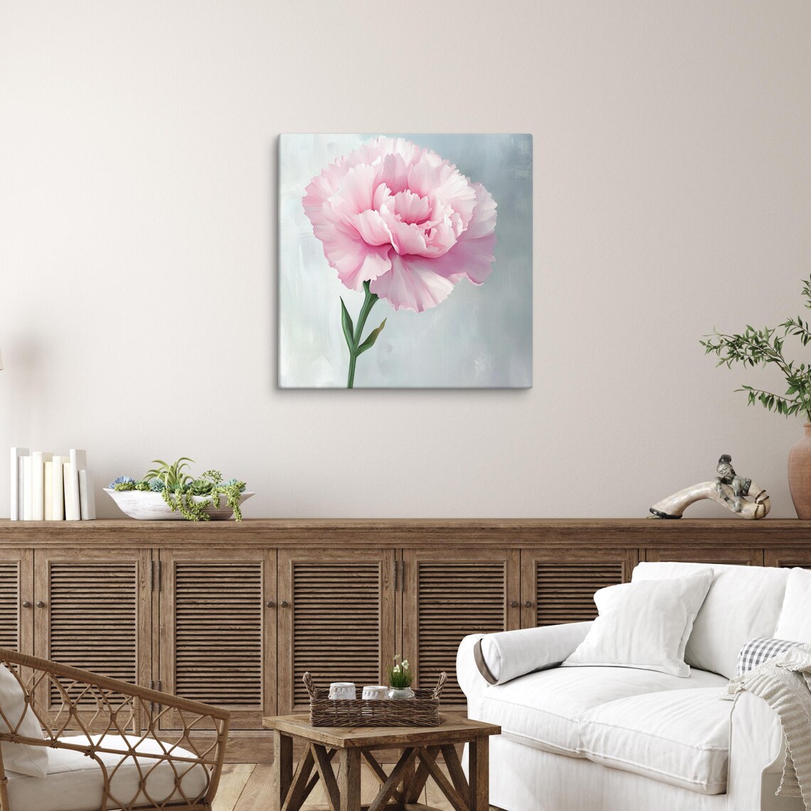 Pink Carnation Bloom Soft Gray Background Painting Art Poster - Image 2