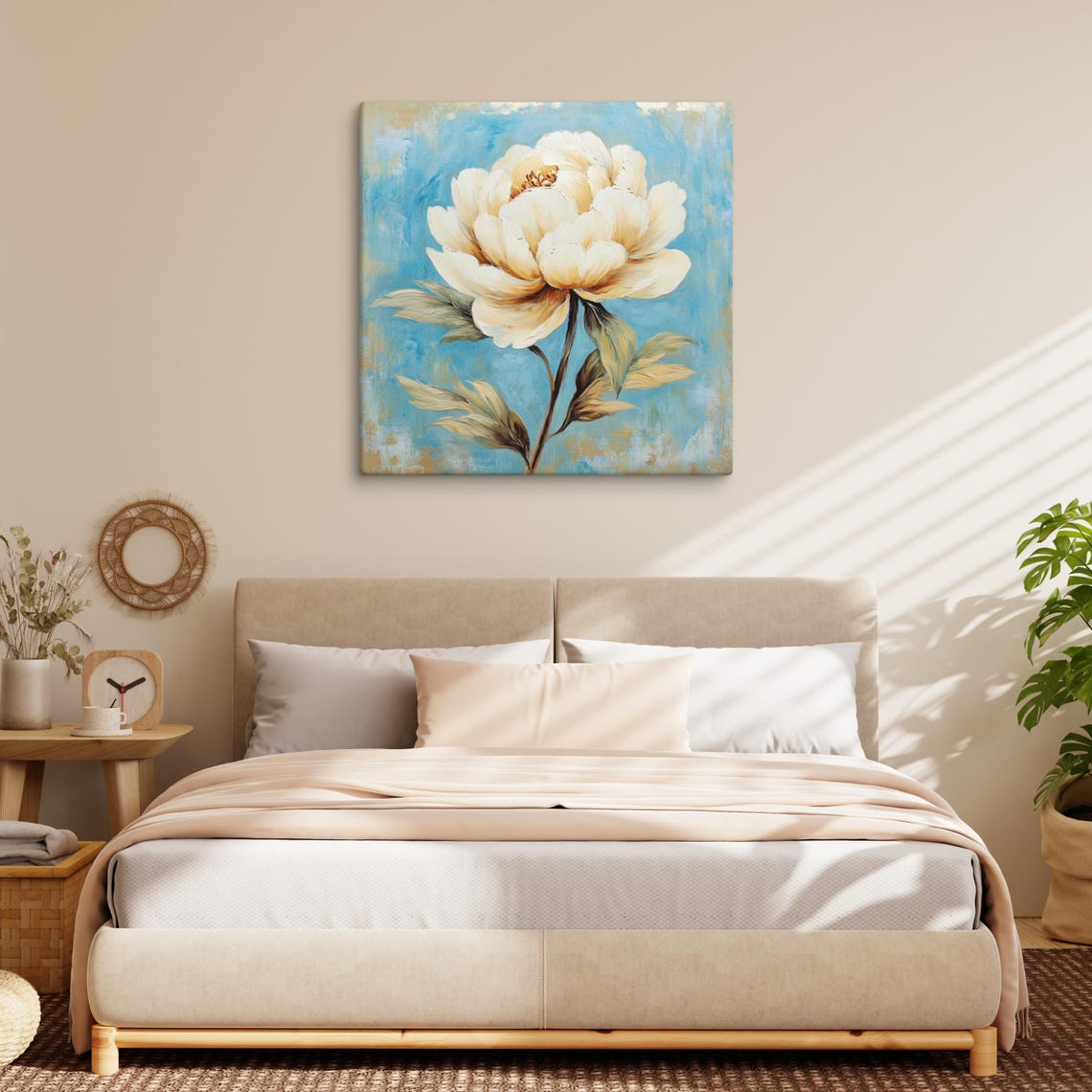White Peony Turquoise Blue Background Bold Bloom Floral Art Poster - Image 3