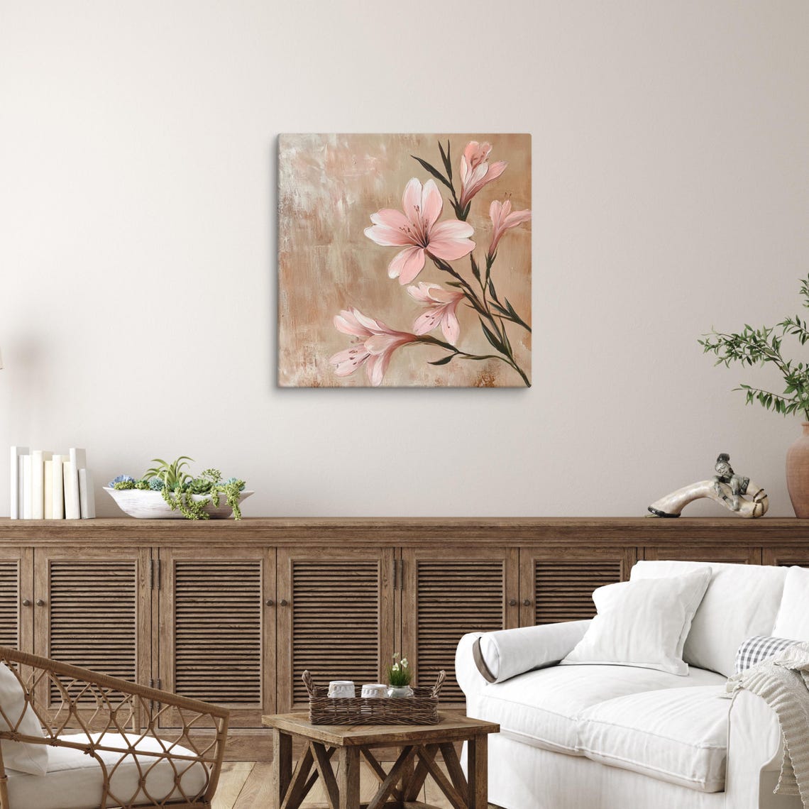 Pink Flower Wall Art Flower Painting Print Pink Flower Art Nature Wall Art Flower Wall Art Beige Living Room Art - Image 5